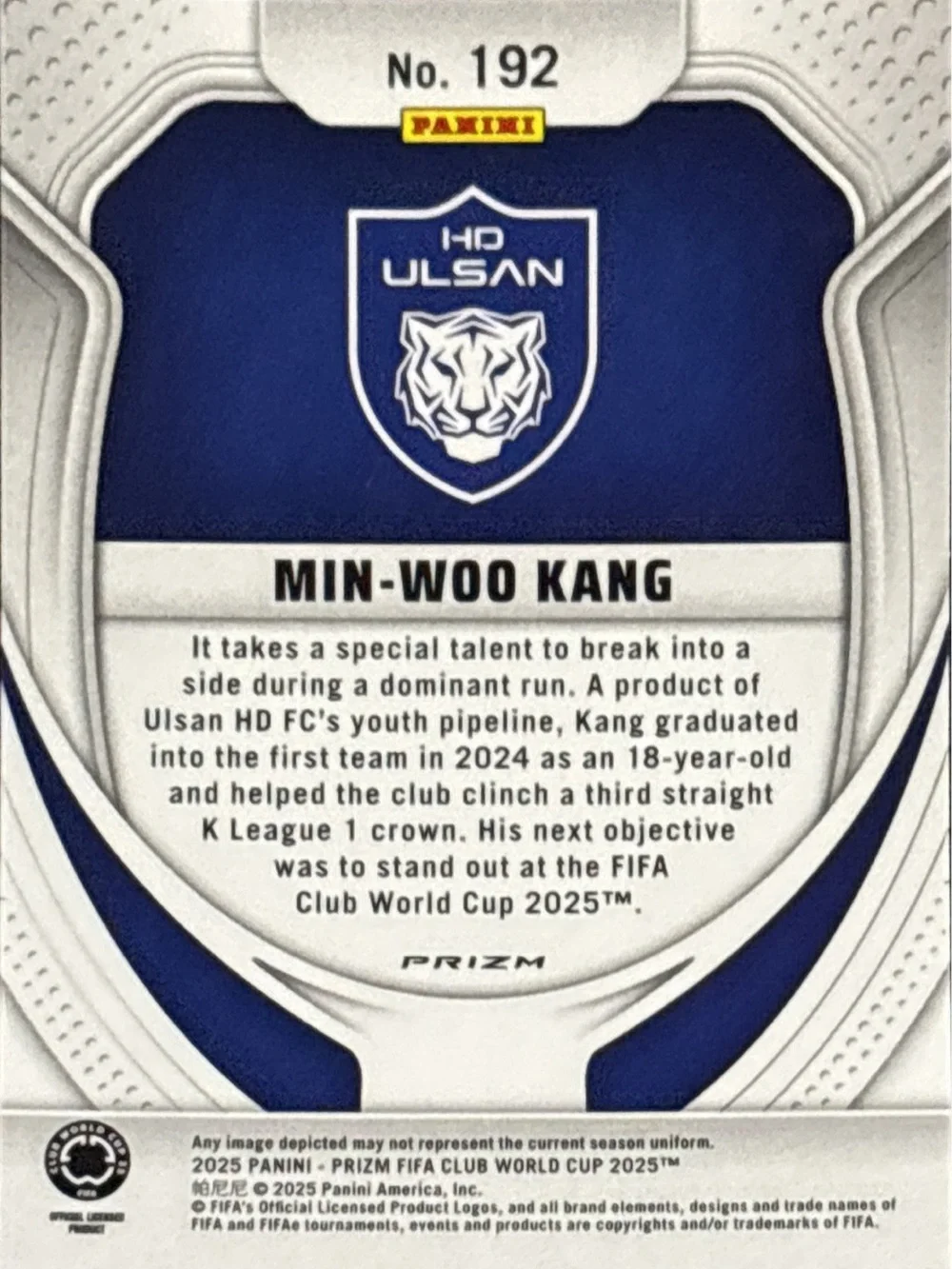 Panini Prizm Refractor Min-Woo Kang Rookie Soccer Trading Card
